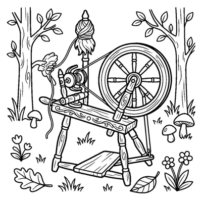 A wooden spinning wheel in the forest
