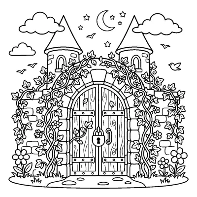 A sleeping castle gate covered in vines