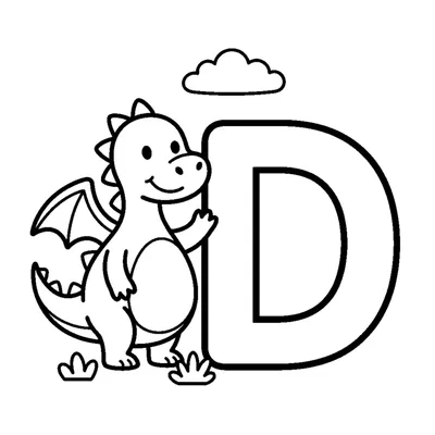 Buchstabe D und ein Drache in einer fröhlichen Szene