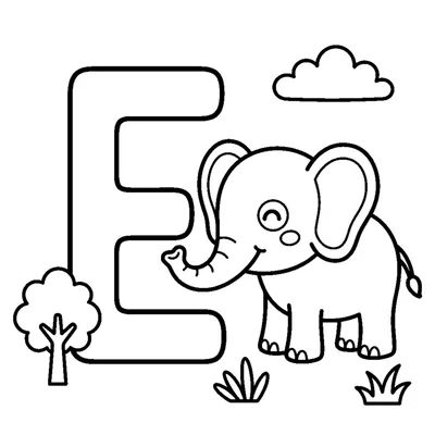 Buchstabe E und ein Elefant in einer fröhlichen Szene