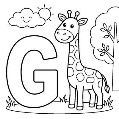 Buchstabe G und eine Giraffe in einer fröhlichen Szene
