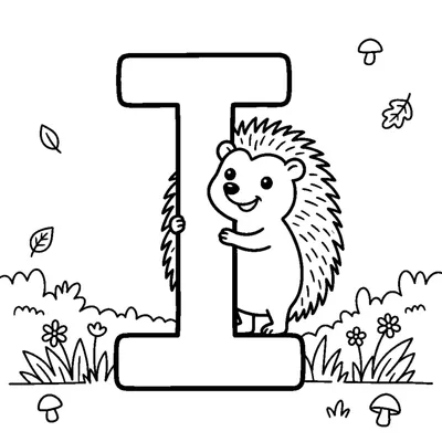 Buchstabe I und ein Igel in einer fröhlichen Szene