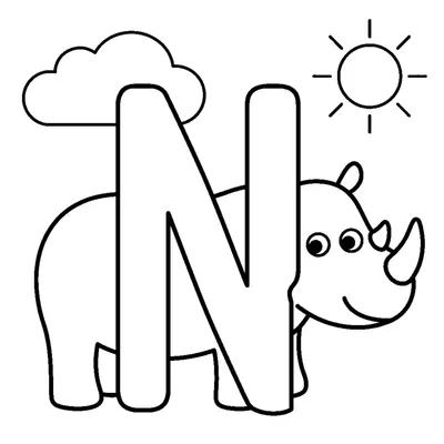 Buchstabe N und ein Nashorn in einer fröhlichen Szene