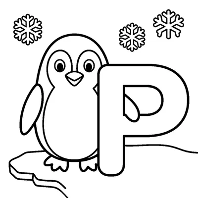 Buchstabe P und ein Pinguin in einer fröhlichen Szene