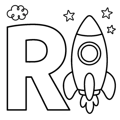 Buchstabe R und eine Rakete in einer fröhlichen Szene