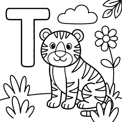 Buchstabe T und ein Tiger in einer fröhlichen Szene