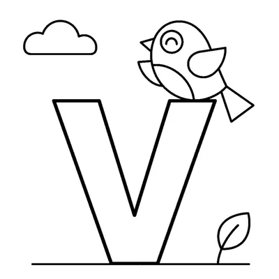 Buchstabe V und ein Vogel in einer fröhlichen Szene