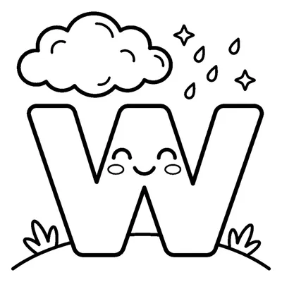Buchstabe W und eine Wolke in einer fröhlichen Szene