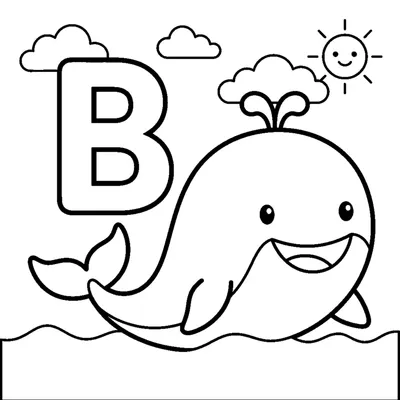 Letra B y una ballena en una escena alegre