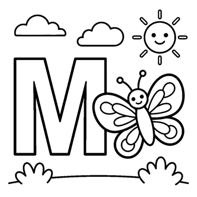 Letra M y una mariposa en una escena alegre