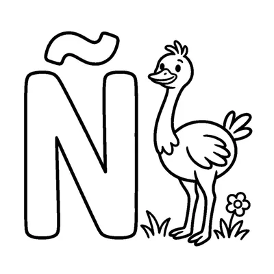 Letra Ñ y un ñandú en una escena alegre