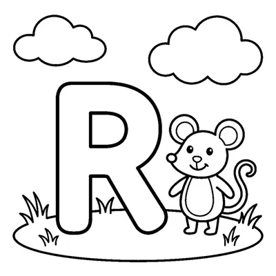 Letra R y un ratón en una escena alegre