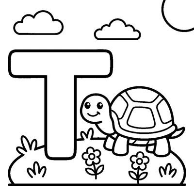 Letra T y una tortuga en una escena alegre