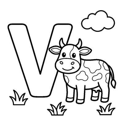 Letra V y una vaca en una escena alegre