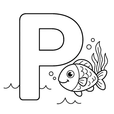 Letra P y un pez en una escena alegre