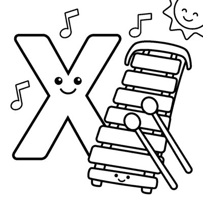 Letra X y un xilófono en una escena alegre