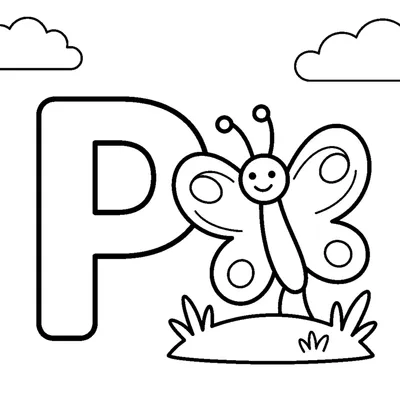 Lettre P et un papillon dans une scène joyeuse
