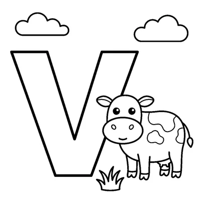 Lettre V et une vache dans une scène joyeuse
