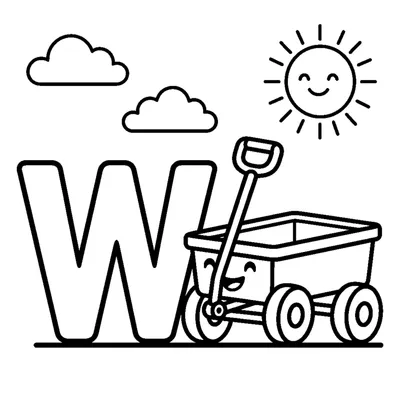 Lettre W et un wagon dans une scène joyeuse