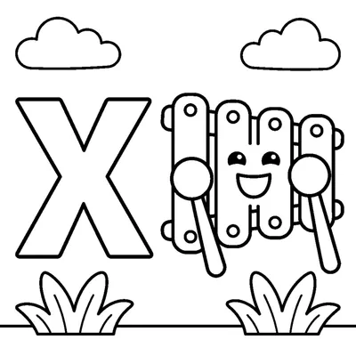 Lettre X et un xylophone dans une scène joyeuse