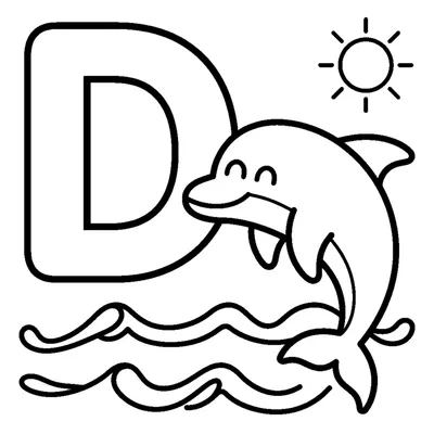 Lettre D et un dauphin dans une scène joyeuse