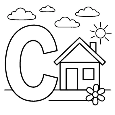 Lettera C e una casa in una scena allegra