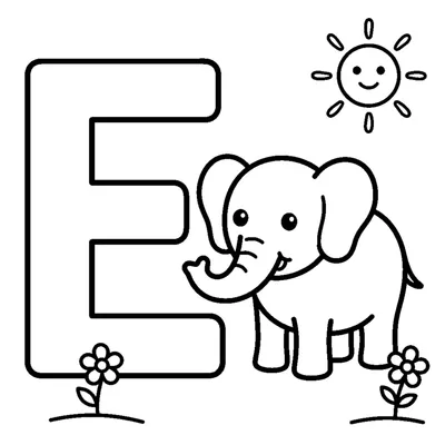 Lettera E e un elefante in una scena allegra