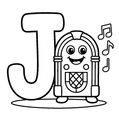 Lettera J e un juke-box in una scena allegra