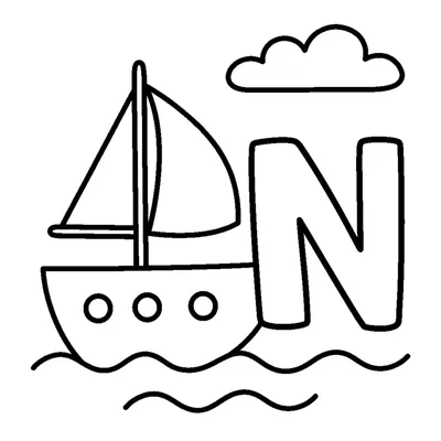 Lettera N e una nave in una scena allegra