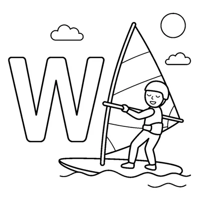 Lettera W e un windsurf in una scena allegra