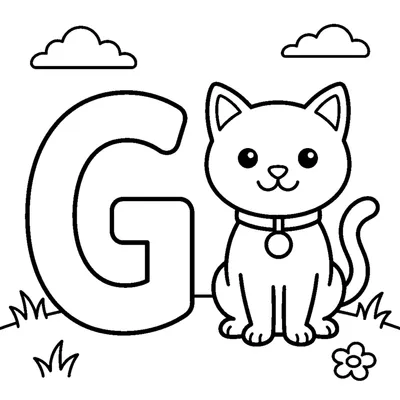 Letra G e um gato numa cena alegre