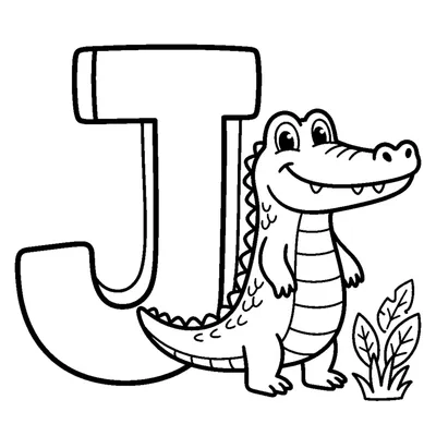 Letra J e um jacaré numa cena alegre