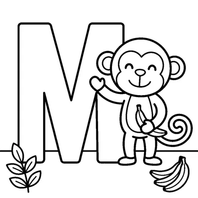 Letra M e um macaco numa cena alegre