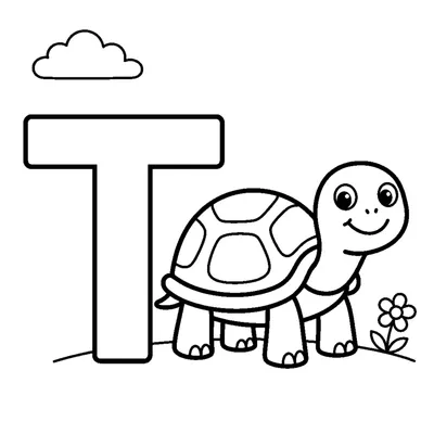Letra T e uma tartaruga numa cena alegre