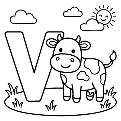 Letra V e uma vaca numa cena alegre