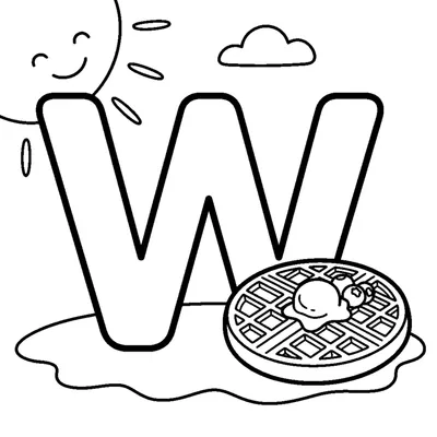 Letra W e um waffle numa cena alegre