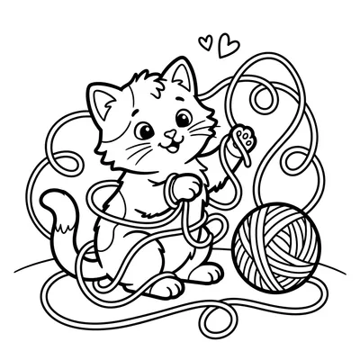 Página para Colorir de Gato Brincando com Novelo de Lã