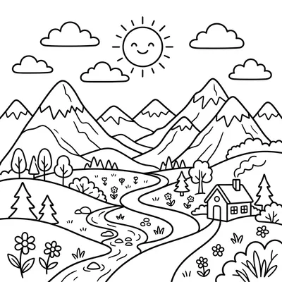 Página para colorear de un paisaje de casa de montaña