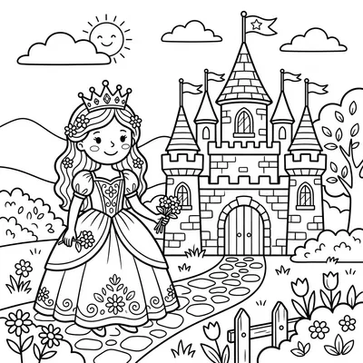 Cute Princess Playing in the Garden of Her Fairytale Castle Coloring Page