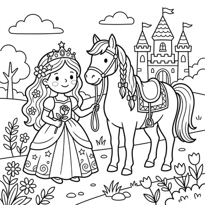 Beautiful Princess and Her Horse Coloring Page