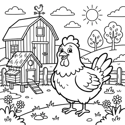 Pagina da colorare di una gallina nel pollaio