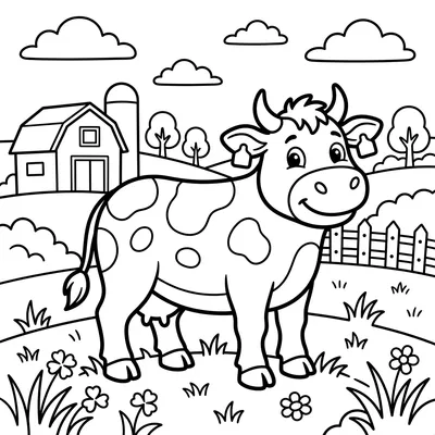 Pagina da colorare di una mucca in fattoria