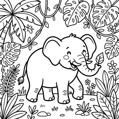 Page de coloriage d'éléphant dans la forêt