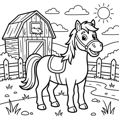 Pagina da colorare di un cavallo in fattoria