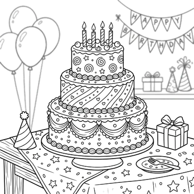 Página para Colorir de Bolo de Aniversário