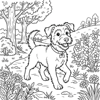 Página para colorear de perro y naturaleza