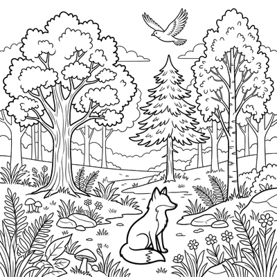 Page de coloriage de forêt et de renard