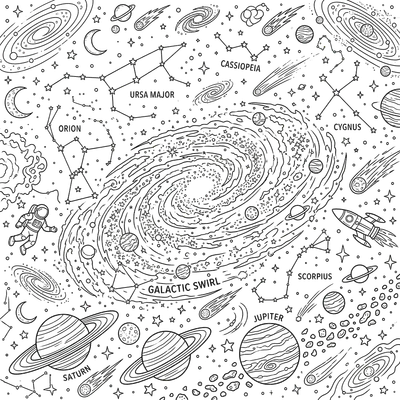 Pagina da colorare di una galassia e costellazioni