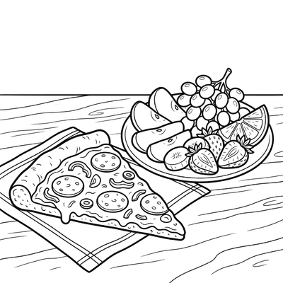 Pizza and Fruits Coloring Page