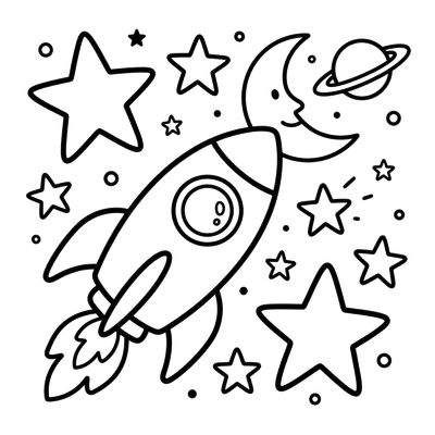 Página para colorear de cohete y estrellas